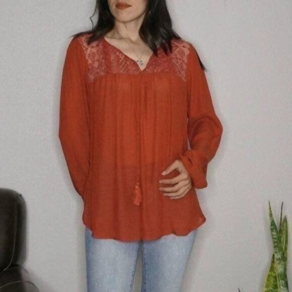 Maurices Burnt Orange Long Sleeve Top w/ Lace - Picture 1 of 9